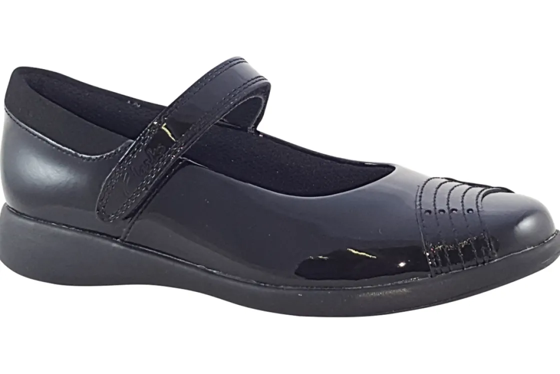 Clarks Velcro | Junior Girls<Etch Beam K Black Girls Leather Patent School Shoes