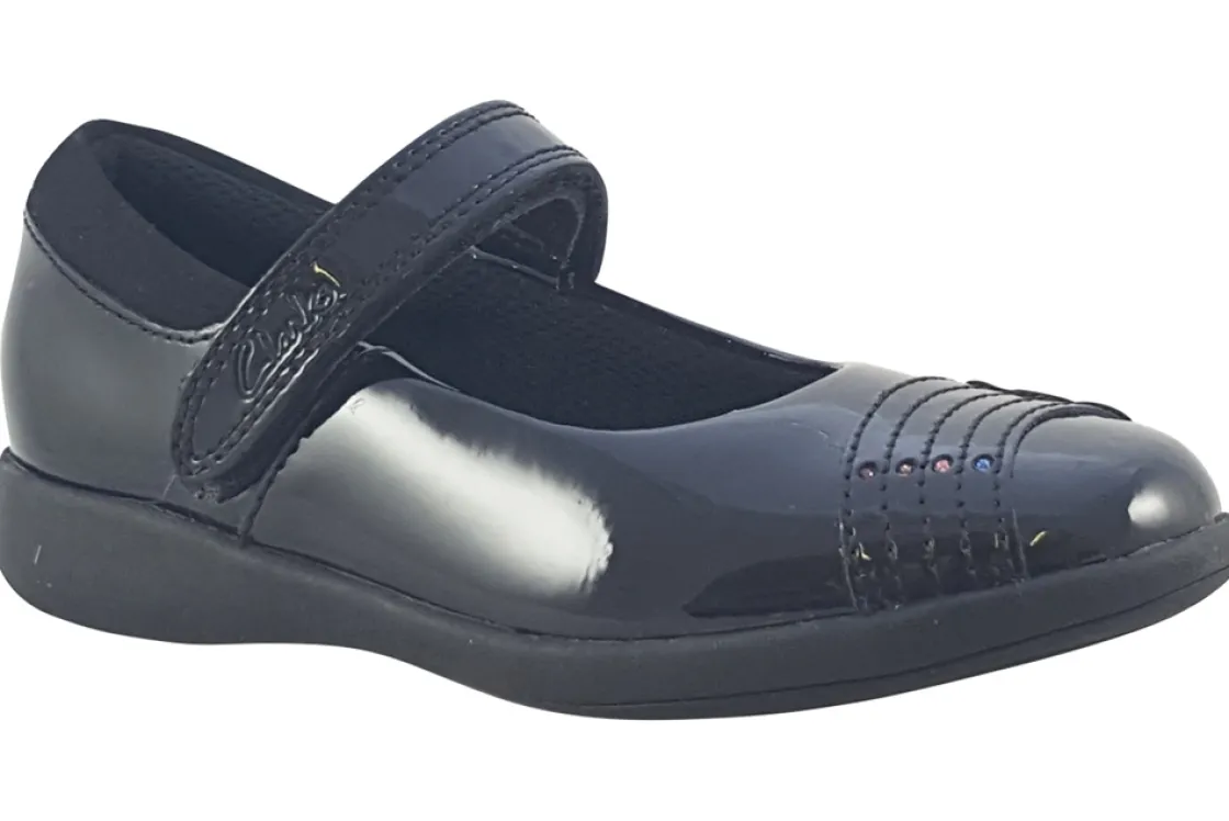 Clarks Velcro | Junior Girls<Etch Beam T Black Girls Leather Patent School Shoes