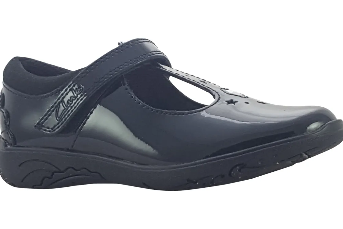 Clarks Junior Girls | Velcro<Relda Gem K. Black Girls Leather Patent School Shoes