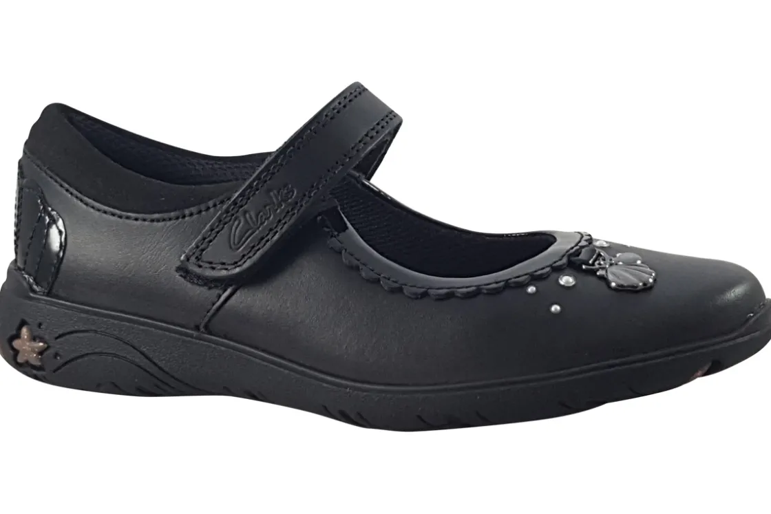 Clarks Velcro | Junior Girls<Sea Shimmer K Black Girls Leather School Shoes