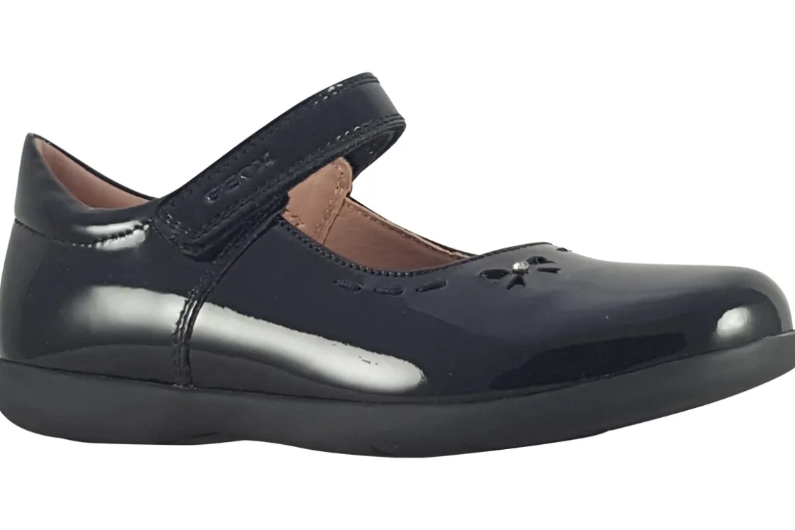 Geox Junior Girls | Velcro<J Naimara G J16FHA Black Leather Patent Girls School Shoes