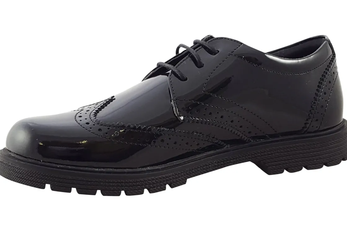 Hush Puppies Junior Girls | Senior Girls<Sally Brogue Black Girls Leather Patent School Shoes